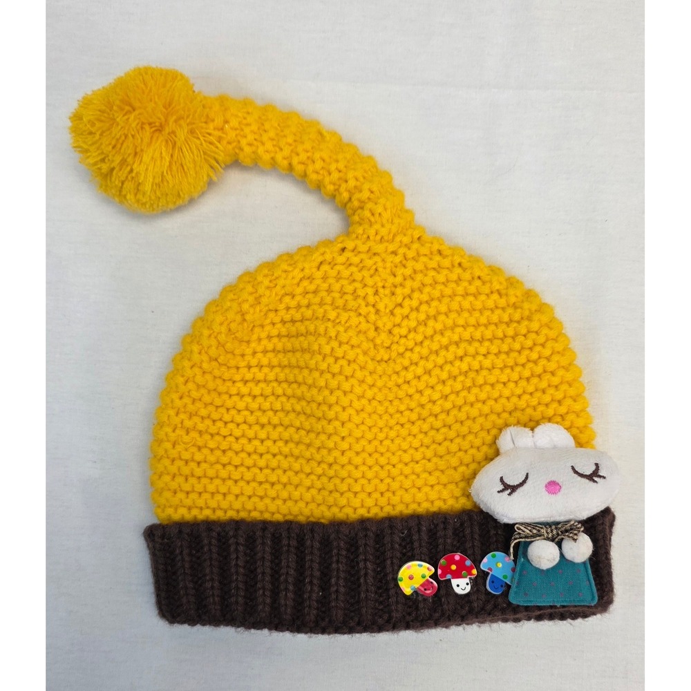 Kids Yellow Knit Bunny Beanie Mushroom Accents Pom Pom Tail Winter Hat - Picture 4 of 6